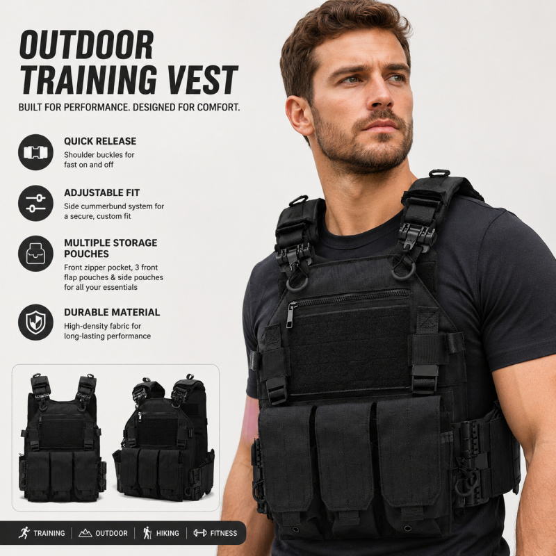 Outdoor Hunting Vest - เสื้อกั๊กยุทธวิธีโพลีเอสเตอร์พร้อมกระเป๋าใส่แม็กกาซีนสามช่องแบบปลดเร็ว สำหรับแอร์ซอฟท์ ล่าสัตว์ และฝึกซ้อมกลางแจ้ง