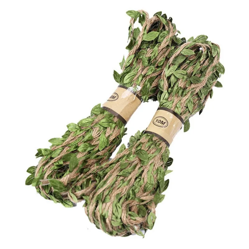 Hunting Blind Fabric - เชือกป่านพร้อมใบสีเขียวปลอมยาว10เมตรปลอกลายพรางต้นไม้ปลอมสำหรับนักล่าปืนไรเฟิล