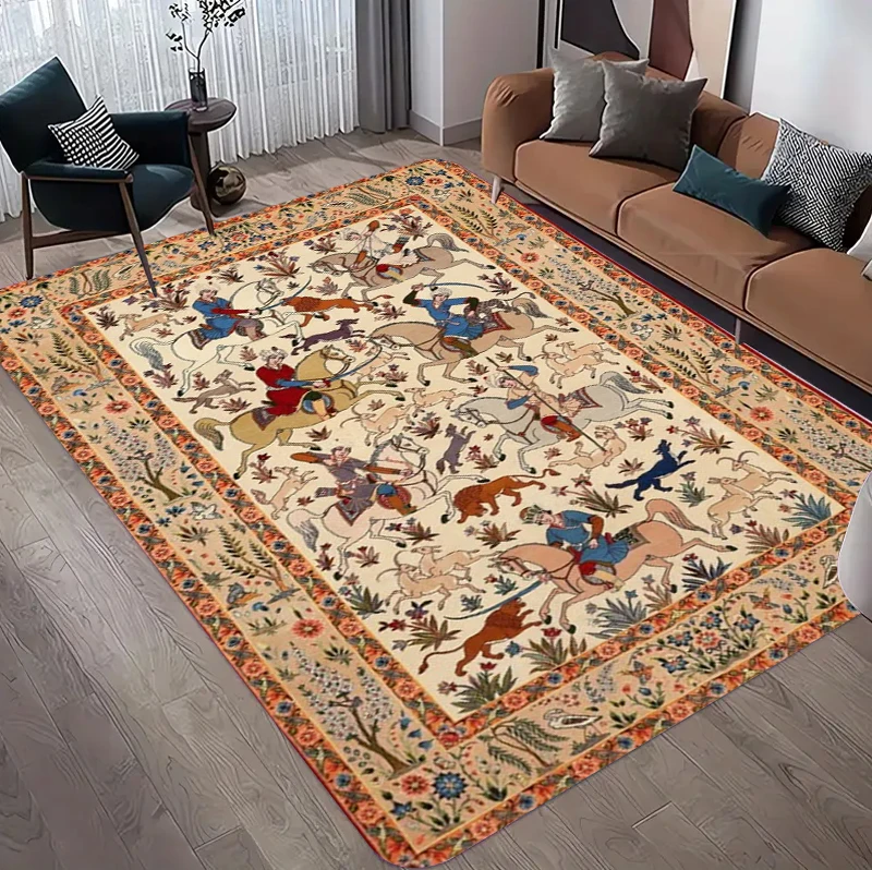 Hunting Outdoor Rug - พรมลายดอกไม้สไตล์เปอร์เซียโบราณ สำหรับตกแต่งห้องนั่งเล่น ป้องกันการลื่นไถล เหมาะสำหรับตกแต่งบ้านสไตล์วินเทจ