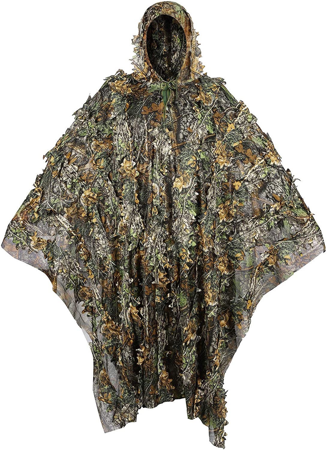 Ghillie Suit Woodland - เสื้อปอนโชลายพรางพรางผีปอบลายใบไม้3D ผ้าคลุมล่าสัตว์พรางตัวชุดผีปอบสำหรับทหาร CS ป่าไม้